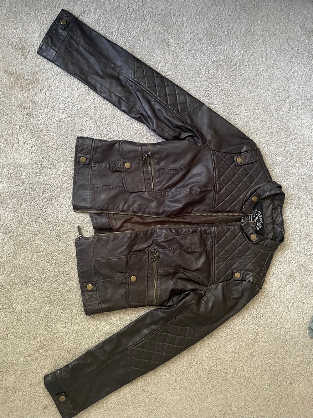 Men's Quilted Faux Leather Jacket - Dark Brown